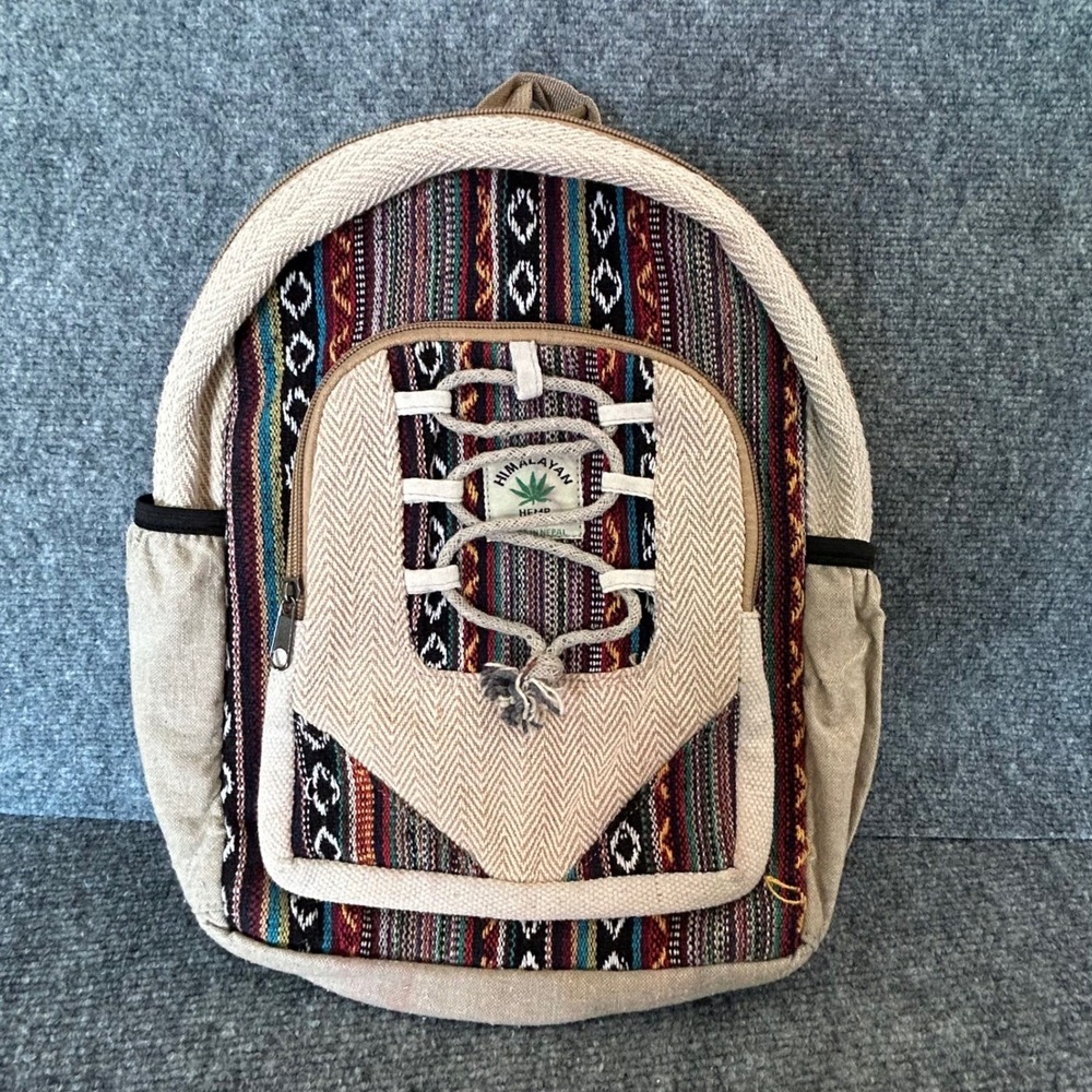 Himalayan Hemp Woven Tribal Backpack Multi Color Boho Nepal Cotton Blend Bag